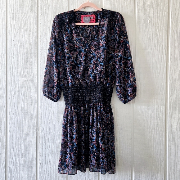 Anthro Vanessa Virginia Daytripper V Neck Paisley Smocked Waist Black Medium - Picture 3 of 6